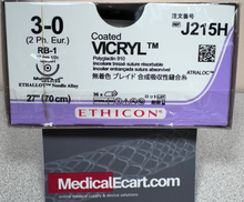 Ethicon J215H COATED VICRYL® (polyglactin 910) Suture, Taper Point, Absorbable, RB-1 17mm ½ Circle, Undyed Braided 27" = 70cm, Size: 3-0, Box of 36