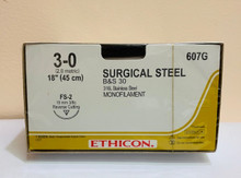 Ethicon 607G Surgical Stainless Steel Suture, Reverse Cutting, Non-Absorbable, FS-2 19mm 3/8 Circle, Monofilament B & S 30 18" ˜ 45cm, Size: 3-0, Box of 12