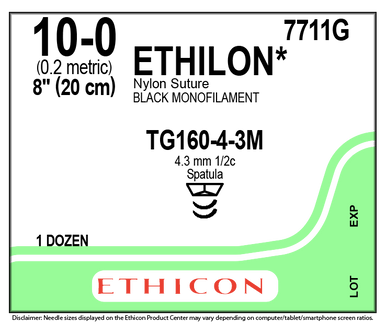 Ethicon 7711G ETHILON Nylon Suture ETHICON Suture, ETHILON, MICROPOINT - Spatula, TG160-4-3M / TG160-4-3M, 8", Size 10-0.