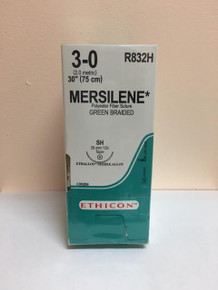 Ethicon R832H MERSILENE Suture, Taper Point, Non-Absorbable, SH 26mm ½ Circle, Green Braided 30" ˜ 75cm, Size: 3-0, Qty: 36/box
