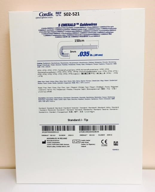 502-521 Cordis EMERALD Guidewire 0.035 x 150cm, 3mm J tip