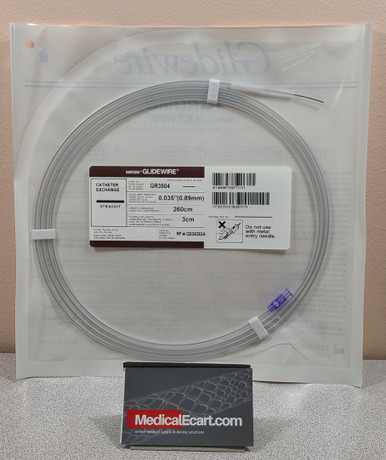GR3504 Glidewire ® Hydrophilic Coated Guidewire for Peripheral Application Standard, straight tip, .035" diameter, 260 cm long, 3 cm flexible tip length. Box of 5