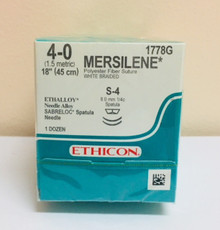 Ethicon 1778G MERSILENE Suture, SABRELOC - Conventional Spatula, Non-Absorbable, S-4 8.0mm / S-4 ¼ Circle, White Braided 18" ˜ 45cm, Size: 4-0, Qty: 12/box