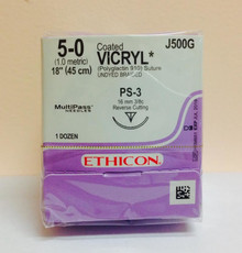 Ethicon J500G EXPIRE 2019-07 Coated VICRYL Suture, Precision Point - Reverse Cutting, Absorbable, PS-3 16mm 3/8 Circle, Undyed Braided 18" ˜ 45cm, Size: 5-0, Qty: 12/box