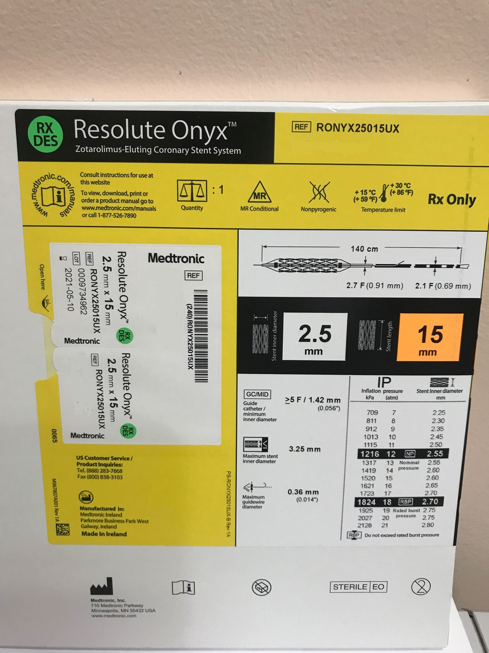 RONYX25015UX Resolute Onyx DrugEluting 2.5X15 mm Stent Coronary S10