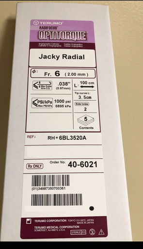 40-6021 TERUMO RH*6BL3520A Radifocus® Optitorque® - Angiographic Catheter 6Fr., Jacky Radial (Curve Size 3.5)