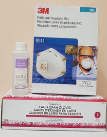 PPE coronavirus COVID-19 Essentials Kit PEK COVID-19, with Respirator Mask 3M N95, #8511, Cup Elastic Strap, 01 box of 10; Gloves Latex, Small, 01 box of 100; Isopropyl Alcohol 70% 1 bottle of 4 0z (C19PEK4