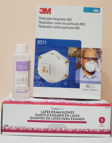 PPE coronavirus COVID-19 Essentials Kit PEK COVID-19, with Respirator Mask 3M N95, #8511, Cup Elastic Strap, 01 box of 10; Gloves Latex, Small, 01 box of 100; Isopropyl Alcohol 70% 1 bottle of 4 0z (C19PEK4