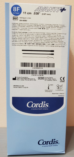 Cordis 504-608V, AVANTI® + Valveless Sheath Introducer Sheath Introducer with Mini-Guidewire, 11CM Cannula, 8FR, 504608V. Box of 5