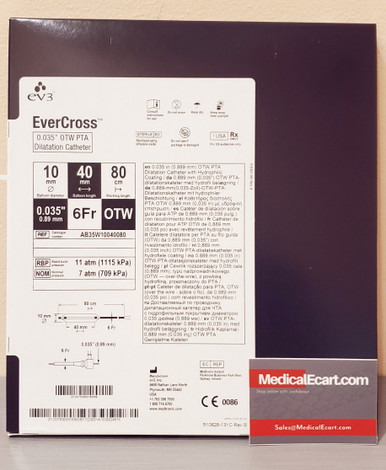 Medtronic AB35W10040080 EverCross™ OTW PTA Balloon Catheter Percutaneous Transluminal Angioplasty 6Fr., 10mm x 80mm, 0.035". Price of each