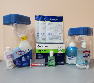 Essentials Kit PEK COVID-19, with Surgical Mask Tie Closure, 01 box of 50; 03 KN95 Face Masks, 02 Face Shield; Purell Hand Sanitizer 12 fl oz; 01 bottle; Purell Hand Sanitizer 2 fl oz; Isopropyl Alcohol 70%, 01 bottle of 4 fl 0z;  Purell Antibacterial Soap foam 18 fl oz, 01 bottle; Clorox Clean,Up® Disinfectant Cleaner with Bleach Spray, 32 fl oz, 01 bottle.  (C19PEK2)