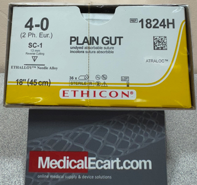 Ethicon 1824H Surgical Gut Suture - Plain Ethicon Plain Absorbable Surgical Gut Suture, Straight Cutting SC-1 13MM, 4-0...