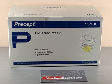 Precept 15100 Procedure Mask Pleated Earloops One Size Fits Most Yellow NonSterile Not Rated, Box of 50