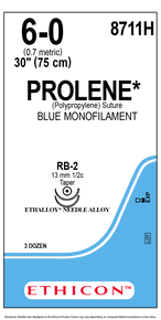 Ethicon 8711H PROLENE® Polypropylene Suture, Taper Point, Non-Absorbable, RB-2 13mm / RB-2 ½ Circle, Blue Monofilament 30" = 75cm, Size: 6-0, Box of 36