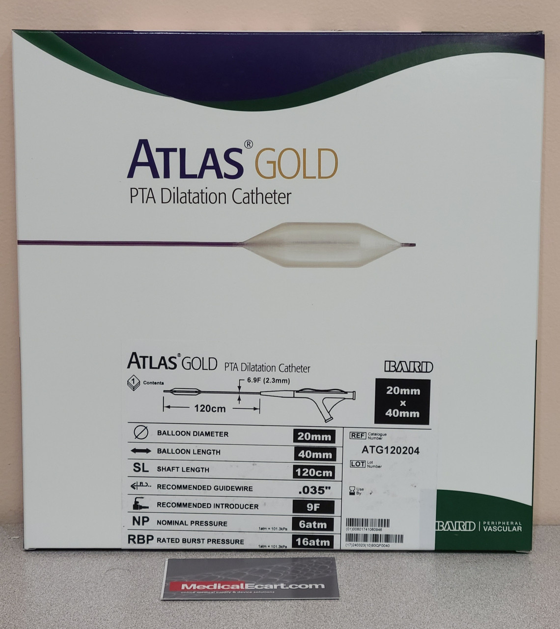 bard atg120204 atlas gold pta dilatation catheter 20 mm x 40 mm balloon with a rated burst pressure of 16 atm on 120 cm shaft with 9f sheath box of