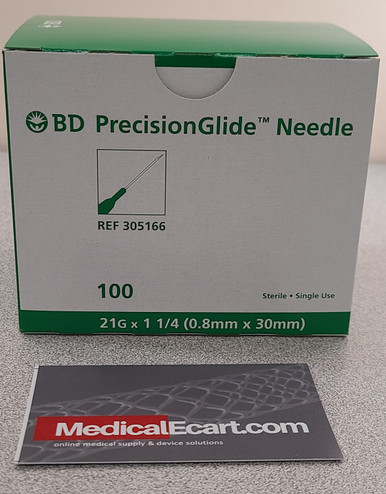 BD 305166 PrecisionGlide™ Hypodermic Needle Without Safety 21 Gauge 1-1/4 Inch Length, Case of 1000 (10 boxes of 100)