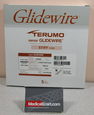 Terumo GS3802 Radiofocus Glidewire® Hydrophilic Coated Guidewire, Long Taper GLIDEWIRE®, Straight tip, .038" diameter, 150 cm long, 5 cm flexible tip length. Box of 5