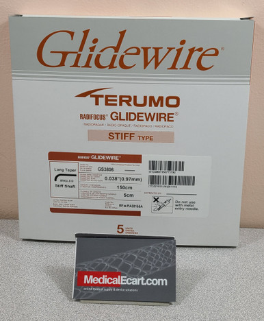 Terumo GS3806 Radiofocus Glidewire® Hydrophilic Coated Guidewire, Long Taper GLIDEWIRE®, Angle Tip, .038" diameter, 150 cm long, 5 cm flexible tip length. Box of 5 