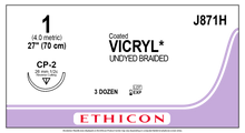 Ethicon J871H COATED VICRYL® (polyglactin 910) Suture, Reverse Cutting, Absorbable, CP-2 26mm ½ Circle, Undyed Braided 27" = 70cm, Size: 1, Box of 36