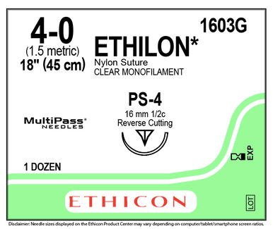 Ethicon 1603G ETHILON® Nylon Suture, Size 4-0 L18in Nonabsorbable Undyed PS-4 L16mm 1/2 Circle Prime Reverse Cutting Needle Nylon 6 Monofilament. Box of 12