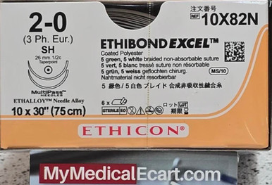 Ethicon 10X82N ETHIBOND EXCEL Polyester Suture Size 2-0 L30in Nonabsorbable Green White SH L26mm 1/2 Circle Double Armed Taperpoint Needle Polyester