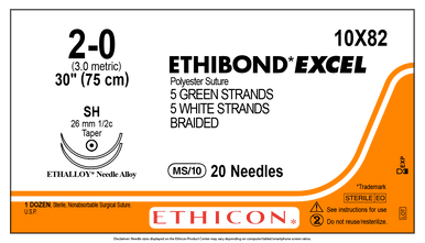 Ethicon 10X82 ETHIBOND EXCEL® Polyester Suture Size 2-0 L30in Nonabsorbable Green White SH L26mm 1/2 Circle Double Armed Taperpoint Needle Polyester Braided. Box of 12