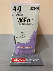 Ethicon J214H Coated VICRYL Suture, Taper Point, Absorbable, RB-1 17mm ½ Circle, Undyed Braided 27" ˜ 70cm, Size: 4-0, Qty: 36/box