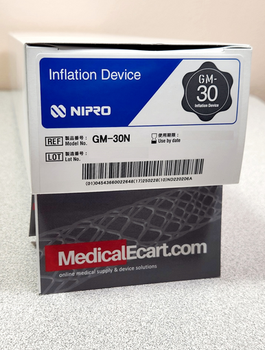Nipro GM-30N Inflation Device (30atm/25ml) with 31 cm tube, and 3-way stopcock, Box of 01