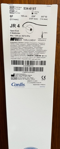 Cordis 534-615T INFINITI ® Diagnostic Catheters Thrulumen, 6F, JR 4 (125 cm), .057" I.D. x .038", Box of 5 