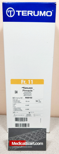 Terumo RSS102 Pinnacle Introducer Sheath 11Fr x 10cm, include 2.5 cm dilator protruding with 0.038" mini guidewire, Box of 10