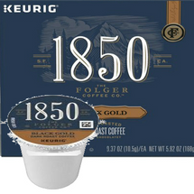 Folgers 1850 Coffee Black Gold Coffee K-Cup Pod. A smooth blend of 100 percent Arabica beans, 1850 Black Gold Dark Roast Coffee delivers notes of sweet dark cocoa. 1850 Black Gold Coffee is made with fire-roasted, steel-cut coffee beans using time-honored roasting and grinding techniques for a timeless taste. Its unique complexity, body, and strength are crafted for modern-day trailblazers who dare to discover new territory. Compatible with most single cup brewers including Keurig and Keurig 2.0.
