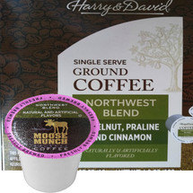 Harry & David Northwest Blend Hazelnut, Praline and Cinnamon Coffee Single Cup. Made from 100% Arabica beans and featuring smooth notes of hazelnut, praline, and cinnamon, Compatible with all single serve brewers, including Keurig® and Keurig® 2.0.