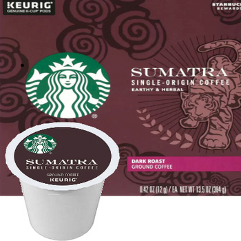 Starbucks Sumatra Coffee K-Cup® Pod. Full-bodied with a smooth mouthfeel and lingering herbal flavors. Amazing with savory foods. Tasting notes of Earthy & Herbal. Compatible with most or all single cup brewers including Keurig® and Keurig® 2.0