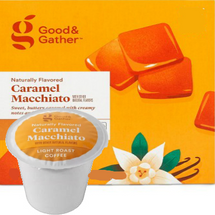 Good & Gather Caramel Macchiato Coffee Single Cup. Sweet, buttery with creamy notes and hints of vanilla. Compatible with all single cup brewers, including Keurig and Keurig 2.0.