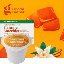 Good & Gather Caramel Macchiato DECAF Coffee Single Cup. Sweet, buttery caramel with creamy notes and hints of vanilla. Compatible with all single cup brewers, including Keurig and Keurig 2.0.