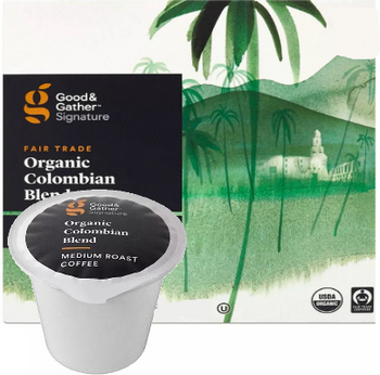 Good & Gather Signature Organic Colombian Blend Coffee Single Cup. Notes of tart fruit and bittersweet dark cocoa lend a robust flavor profile. Compatible with all single cup brewers, including Keurig and Keurig 2.0.