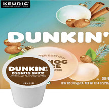 Dunkin' Eggnog Spice Coffee  Keurig® K-Cup®. Winter-friendly medium roast with the sweet, spiced flavors of nutmeg and cinnamon. Compatible with most single serve brewers including Keurig and Keurig 2.0