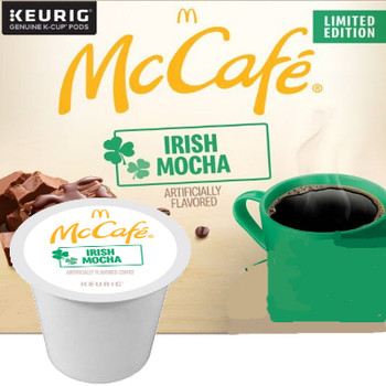 McCafe Irish Mocha Coffee K-Cup® Pod. Dark chocolate notes and a creamy mint flavor. Compatible with all single cup brewers.