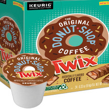 The Original Donut Shop Twix Coffee K-Cup. Flavors of creamy milk chocolate, gooey caramel, and a touch of toasted shortbread sweetness.  Compatible with most single cup brewers including Keurig and Keurig 2.0.