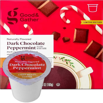 Good & Gather Dark Chocolate Peppermint Coffee Single Cup. Dark cocoa notes with sweet and creamy peppermint flavor. Compatible with all single cup brewers, including Keurig and Keurig 2.0.
