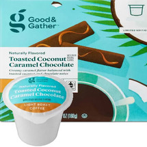 Good & Gather Toasted Coconut Caramel Chocolate Coffee Single Cup. Creamy caramel flavor balanced with toasted coconut and chocolate notes. Compatible with all single cup brewers, including Keurig and Keurig 2.0.