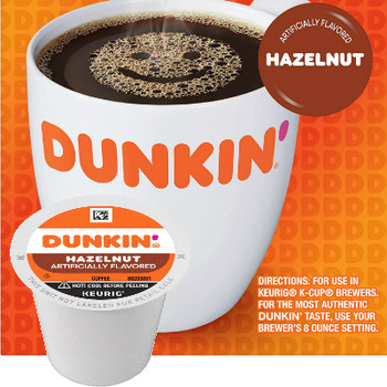 Dunkin' Hazelnut Coffee K-Cup. Dunkin' unique blend of 100% Arabica beans with the taste and aroma of sweet, roasted hazelnut.