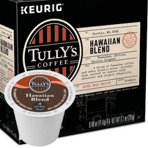 Tully's Hawaiian Blend Coffee K-Cup® Pod. Beautifully balanced, with a mild sweetness and elegant simplicity. Contains 10% Hawaiian coffee and other fine Arabica beans. Compatible with all single serve brewers, including Keurig® and Keurig® 2.0.