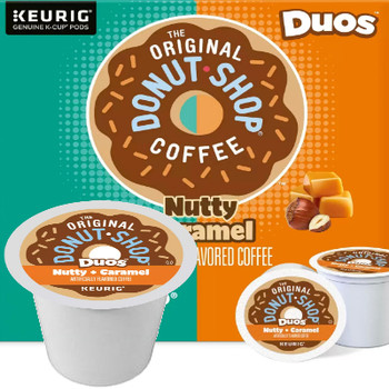 The Original Donut Shop Duos Nutty + Caramel Coffee K-Cup® Pod. Nutty + Caramel Toasted nuts and buttery caramel flavors come together in a sweet reward that’s perfect for days that get a little too nutty. Compatible with all single serve brewers, including Keurig® and Keurig® 2.0.