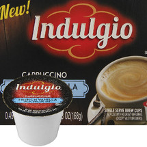 Indulgio French Vanilla Cappuccino Single Cup. You will love how the delicate notes of French Vanilla add a sweet accent to a richly satisfying cup of cappuccino. Compatible with most single cup brewers including Keurig and Keurig 2.0.