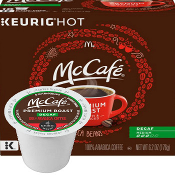 McCafe Premium Roast DECAF Coffee K-Cup® Pod. Premium roast. 100% arabica medium blend decaf. Compatible with all single cup brewers.