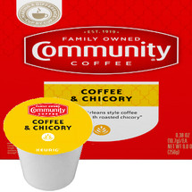 Community Coffee Coffee & Chicory Coffee K-Cup® Pod. Coffee & Chicory is a bold and bittersweet New Orleans Blend from Community Coffee with an intense body that perfectly combines the flavors of Arabica coffee beans and high-quality chicory. Enjoy this sweet and spicy Southern favorite black, or au lait style with steamed milk for a true taste of New Orleans. Compatible with all single cup brewers.