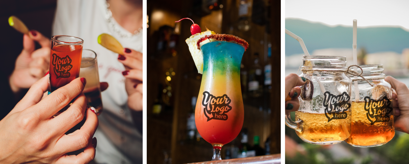 Shot glasses, hurricane glasses and jars with handles shown with custom logo in a restaurant or bar