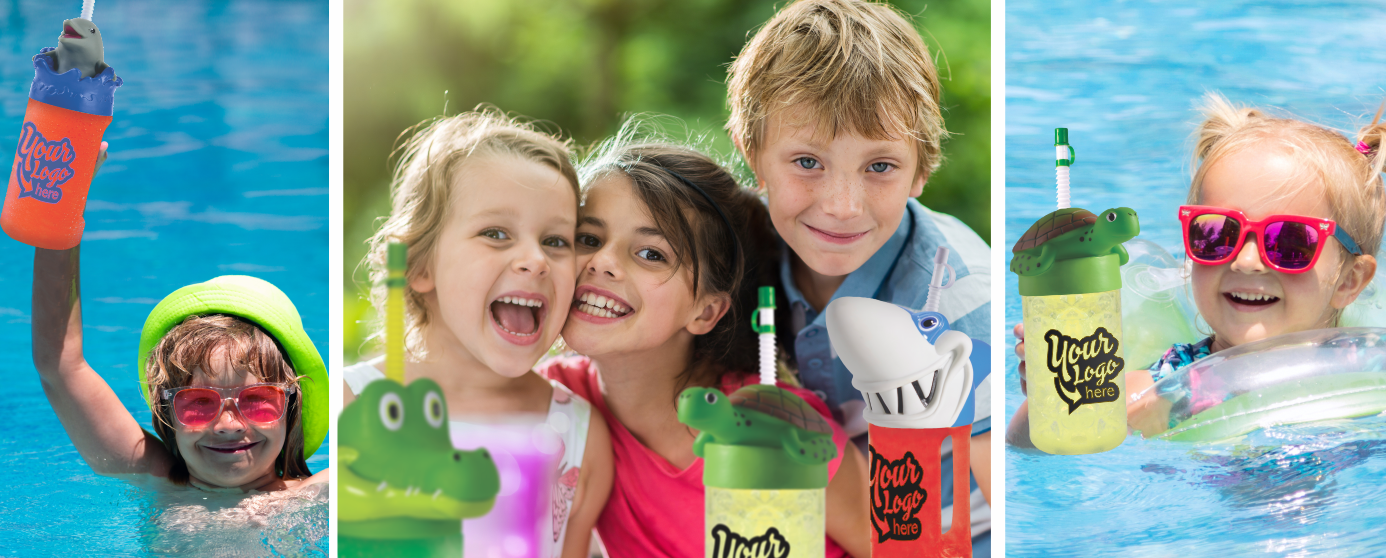 Kids using fun animal custom cups in the pool
