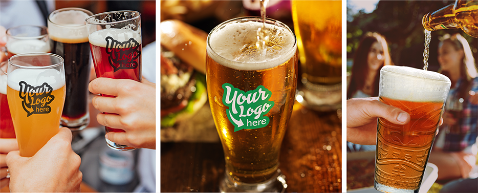 A selection of beer glasses with custom logos and designs